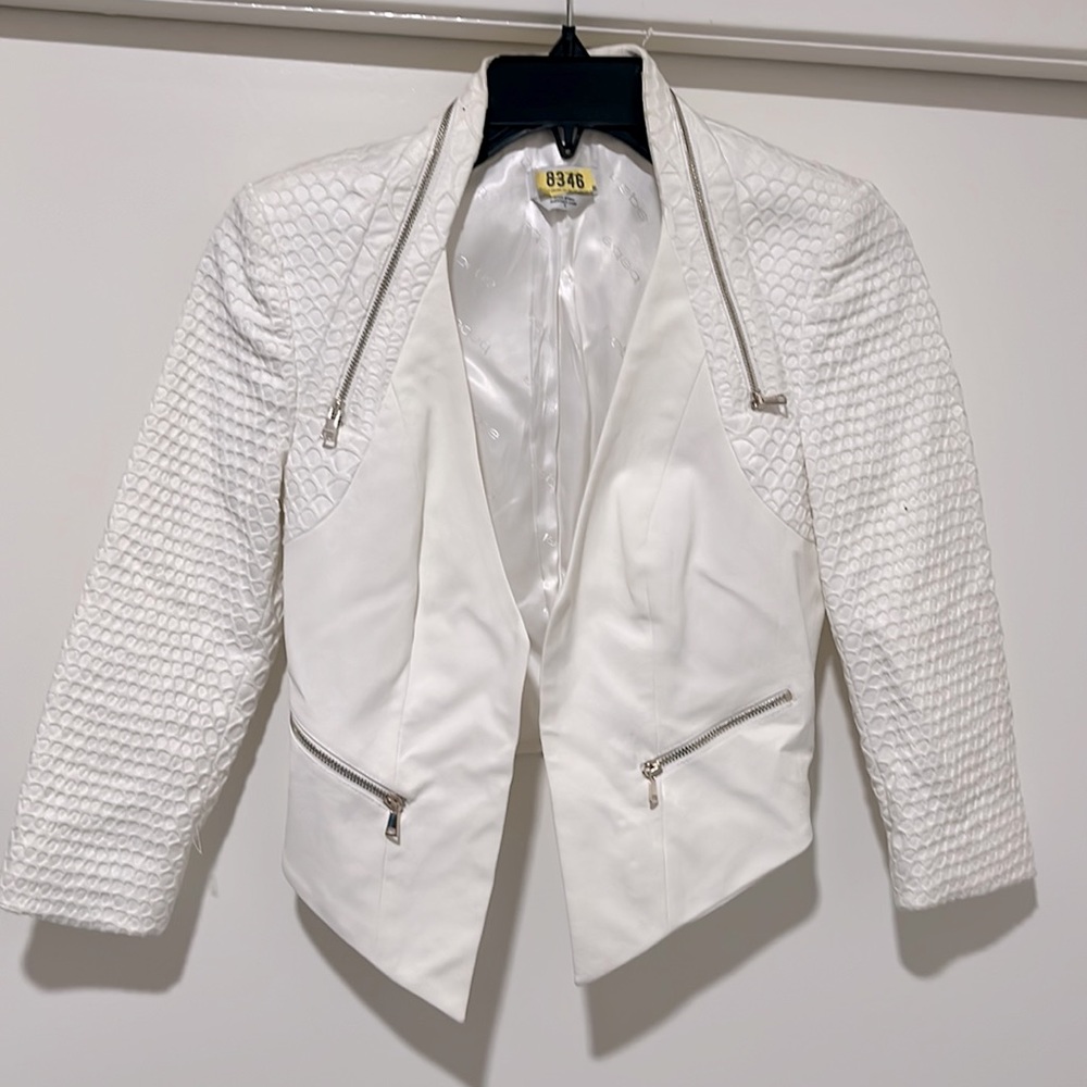 bebe blazer. Faux zippers. White